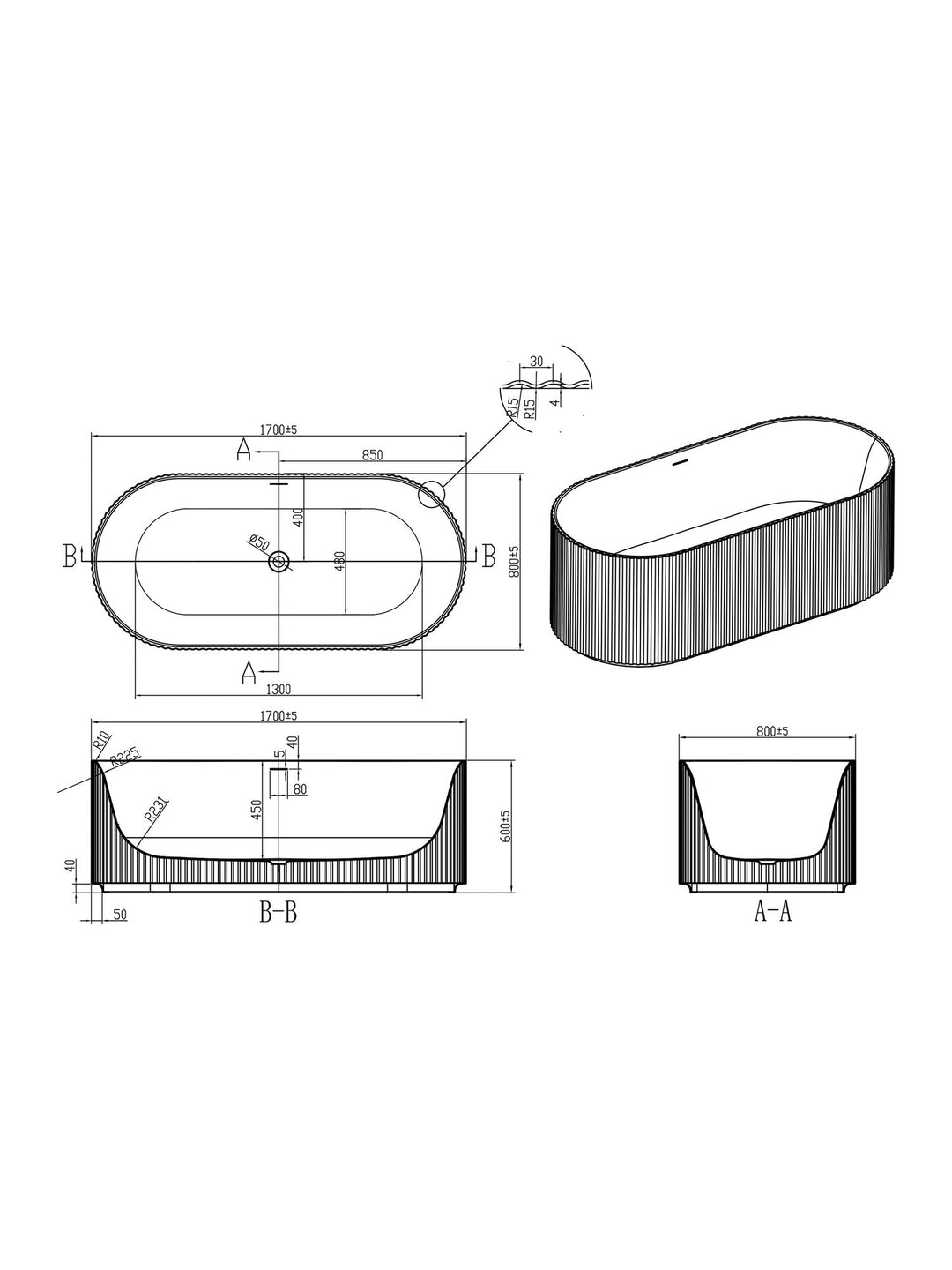 Flauto Matte White Fluted Freestanding Bath