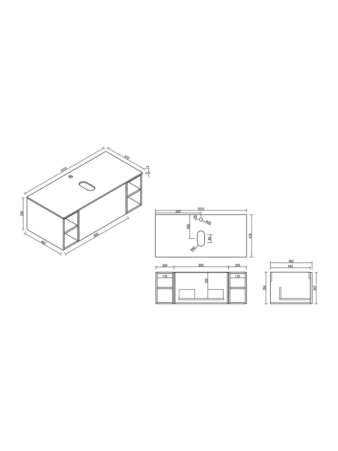 Flauto 1000mm Wall Hung Vanity Unit with Twin Side Storage & Sintered Stone Countertop