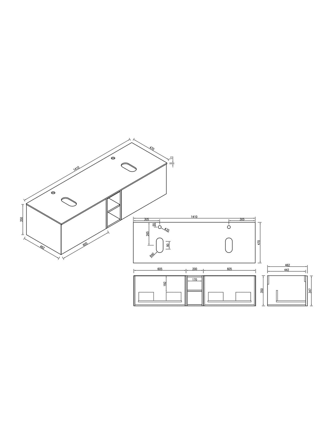 Flauto 1400mm Wall Hung Double Vanity Unit with Storage Box & Sintered Stone Countertop