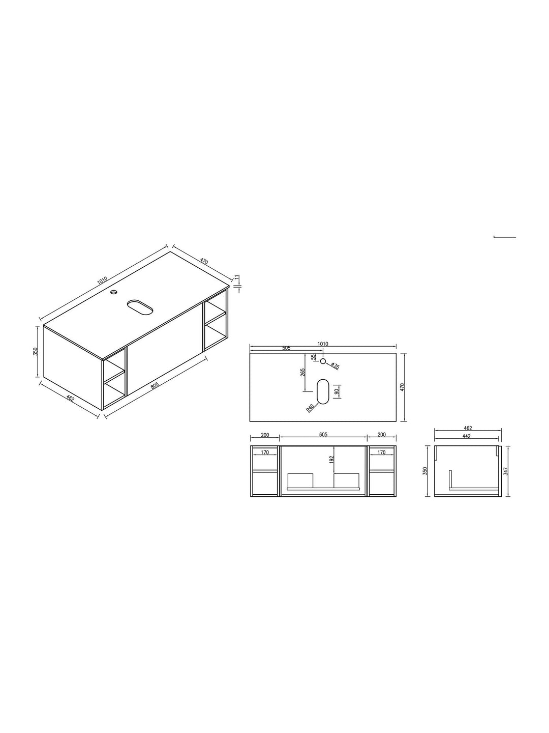 Piatta 1000mm Wall Hung Vanity Unit with 2 Side Storage & Sintered Stone Countertop