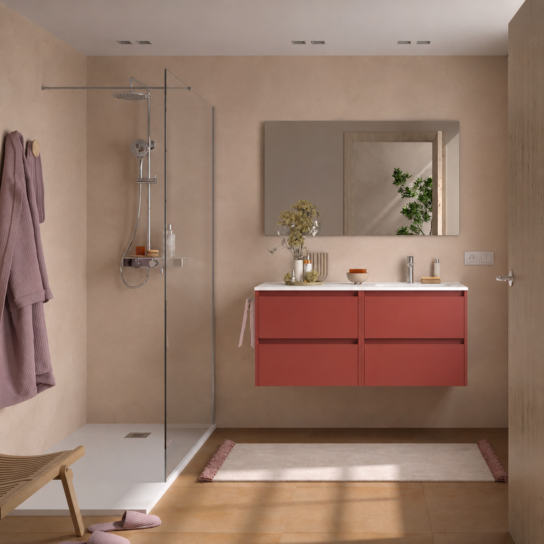 Salgar sg02ee7c6abe8486fbe597 SALGAR IMAGES AND SHEETS/01 Product Images/Bathroom Furniture/118892 Noja Wall Hung Vanity Unit with 4 Drawers, Offset Basin & Mirror - Red Satin/01.png