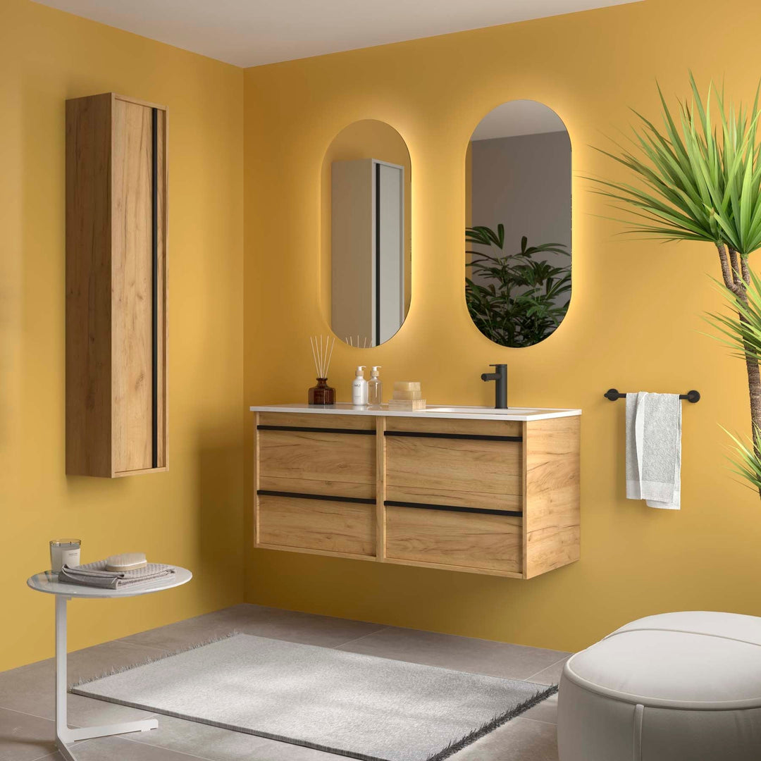 Salgar sg068a8eac945a1ba73f6d SALGAR IMAGES AND SHEETS/01 Product Images/Bathroom Furniture/118694 Attila Wall Hung Vanity Unit with 4 Drawers & Offset Basin - Africa Oak/01.jpg