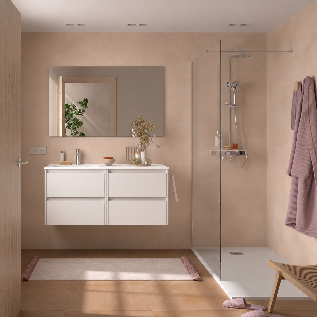 Salgar sg0ca5606cd364eb202a13 SALGAR IMAGES AND SHEETS/01 Product Images/Bathroom Furniture/118799 Noja Wall Hung Vanity Unit with 4 Drawers & Offset Basin - White Satin/01.png