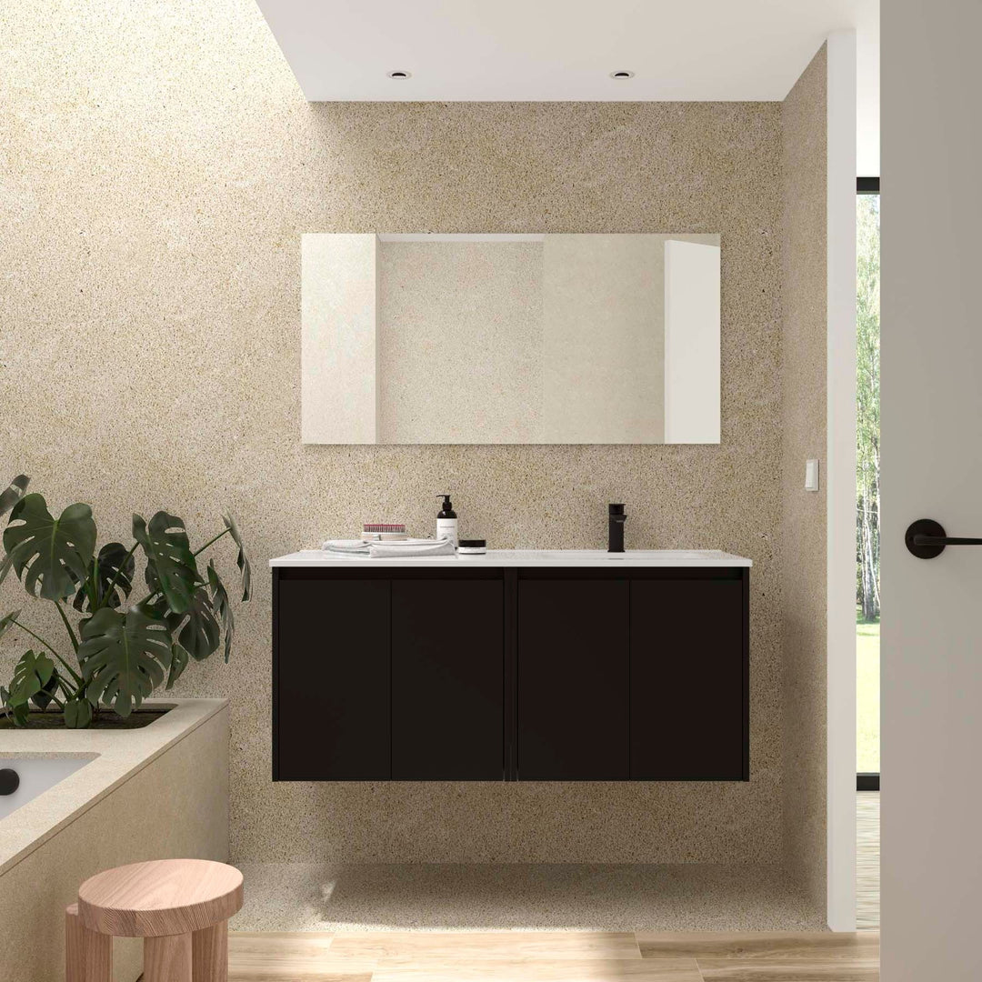 Salgar sg1b3a312745fa5365f212 SALGAR IMAGES AND SHEETS/01 Product Images/Bathroom Furniture/118869 Noja Wall Hung Vanity Unit with 4 Doors, Offset Basin & Mirror - Black Satin/01.jpg