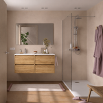 Load image into Gallery viewer, Salgar sg1b99ee90b6022053e80b SALGAR IMAGES AND SHEETS/01 Product Images/Bathroom Furniture/118884 Noja Wall Hung Vanity Unit with 4 Drawers, Offset Basin &amp; Mirror - Africa Oak/01.png
