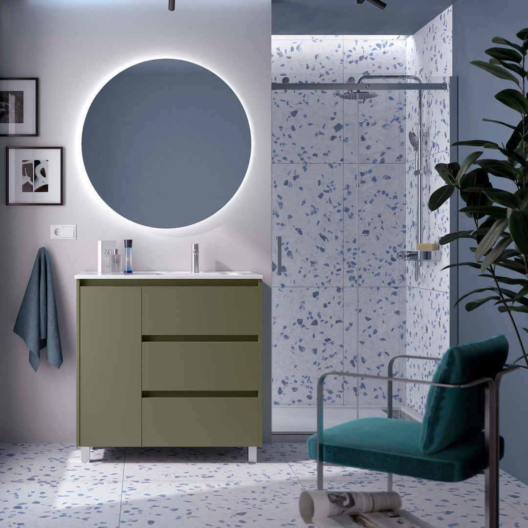 Salgar sg1ff8a3a84a059b715a8e SALGAR IMAGES AND SHEETS/01 Product Images/Bathroom Furniture/118305 Noja Floor Standing Vanity Unit with 3 Drawers + 1 Door, Basin & Mirror - Green Sat/01.jpg