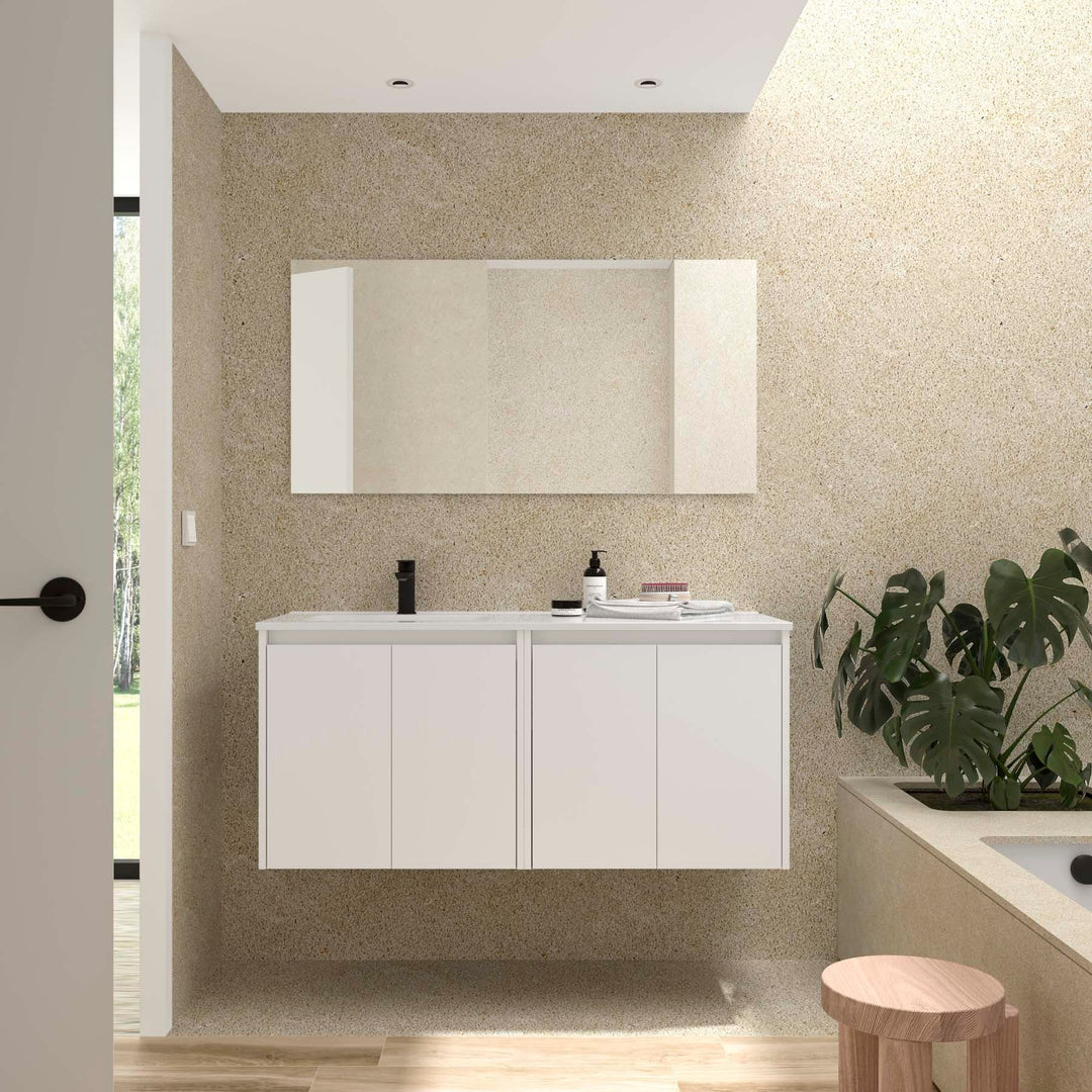 Salgar sg23b0fe799530f3f05fb1 SALGAR IMAGES AND SHEETS/01 Product Images/Bathroom Furniture/118839 Noja Wall Hung Vanity Unit with 4 Doors, Offset Basin & Mirror - White Satin/01.jpg