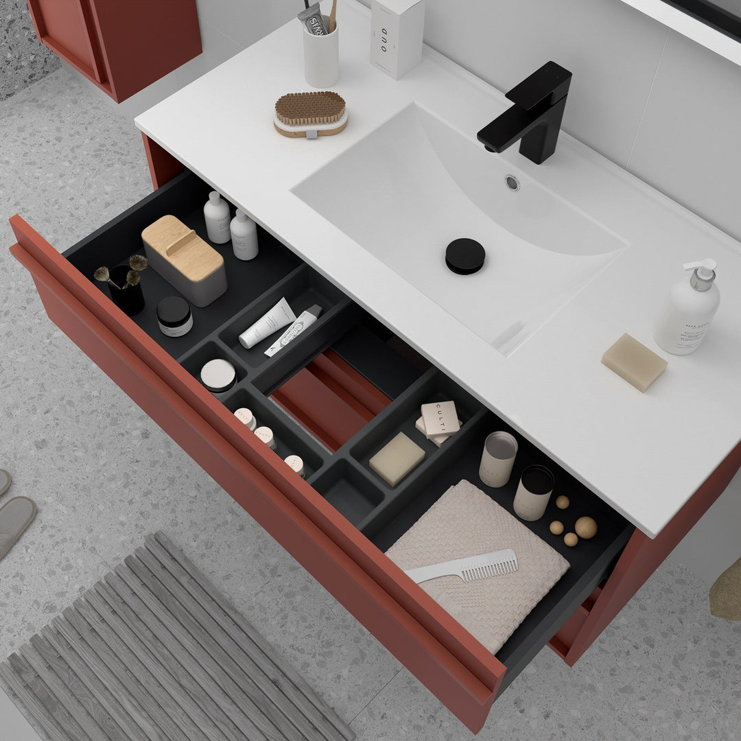 Salgar sg2a0764286aa7d2eb2142 SALGAR IMAGES AND SHEETS/01 Product Images/Bathroom Furniture/112954 Attila Wall Hung Vanity Unit with 2 Drawers, Basin & Mirror - Red Satin/02.jpg