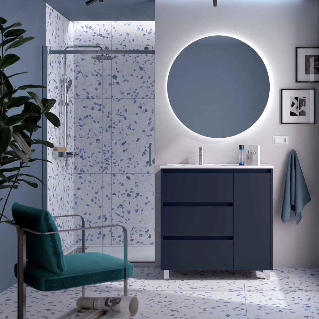 Salgar sg3de19d6d468d48249144 SALGAR IMAGES AND SHEETS/01 Product Images/Bathroom Furniture/118132 Noja Floor Standing Vanity Unit with 3 Drawers + 1 Door & Basin - Blue Satin/01.jpg