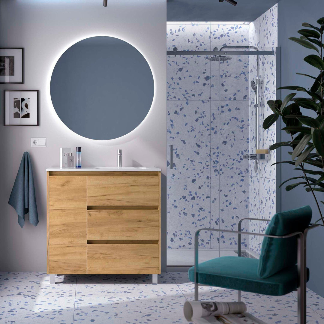 Salgar sg471114e34357c5292a88 SALGAR IMAGES AND SHEETS/01 Product Images/Bathroom Furniture/118308 Noja Floor Standing Vanity Unit with 3 Drawers + 1 Door, Basin & Mirror - Africa Oa/01.jpg