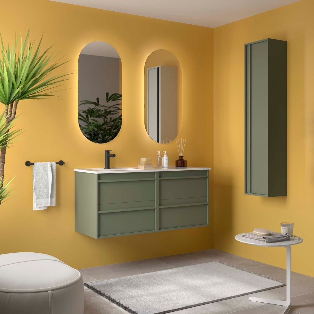 Salgar sg4b712d6f27e492014150 SALGAR IMAGES AND SHEETS/01 Product Images/Bathroom Furniture/118711 Attila Wall Hung Vanity Unit with 4 Drawers, Offset Basin & Mirror - Green Satin/01.jpg