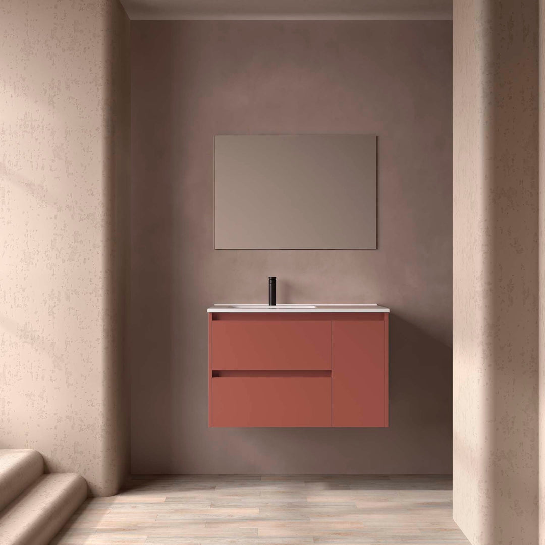 Salgar sg4bd988c611a243827be6 SALGAR IMAGES AND SHEETS/01 Product Images/Bathroom Furniture/118276 Noja Wall Hung Vanity Unit with 2 Drawers + 1 Door, Basin & Mirror - Red Satin/01.jpg