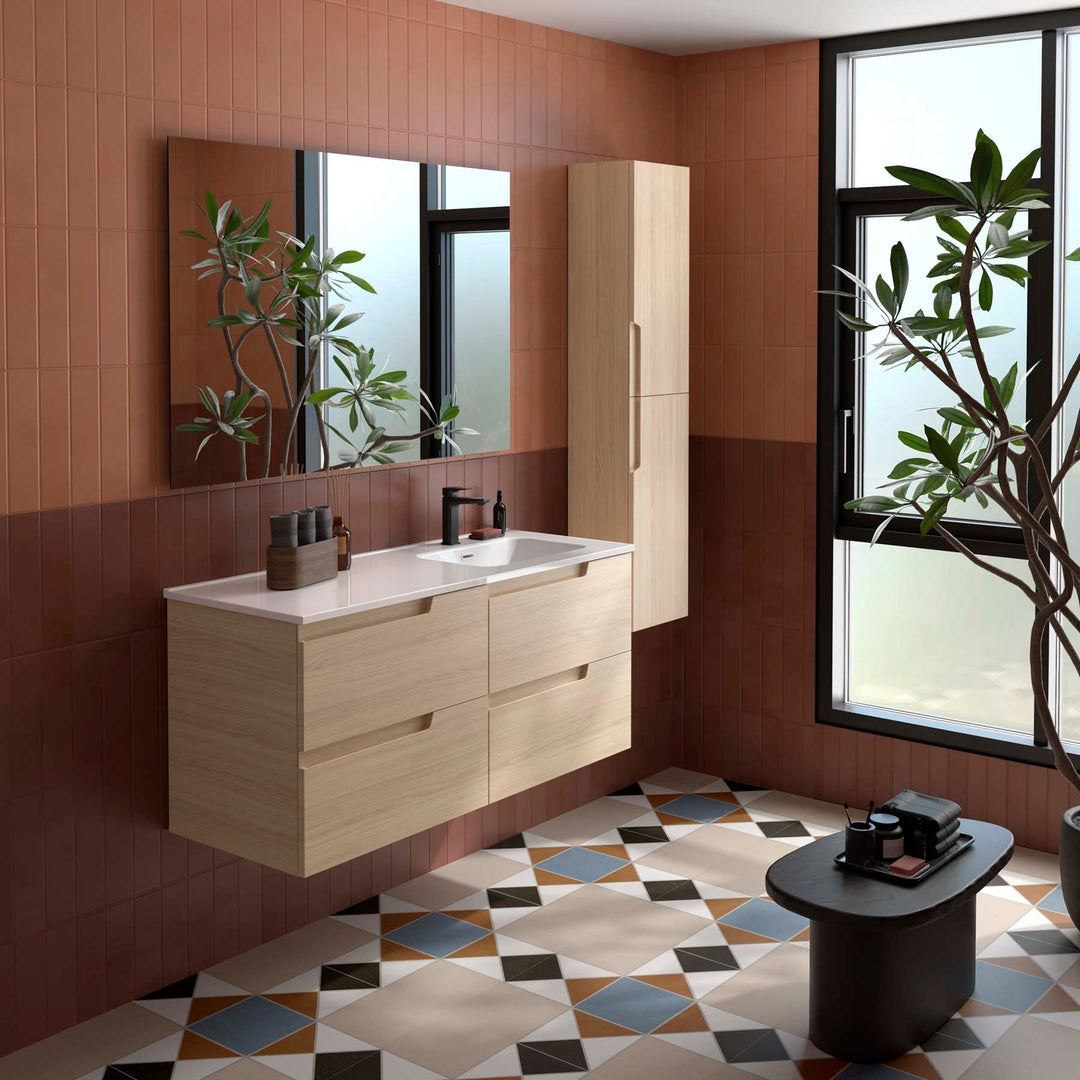 Salgar sg56a5f76aaa5c3d37db76 SALGAR IMAGES AND SHEETS/01 Product Images/Bathroom Furniture/118677 Vima Wall Hung Vanity Unit with 4 Drawers, Offset Basin & Mirror - Sienna Oak/01.jpg