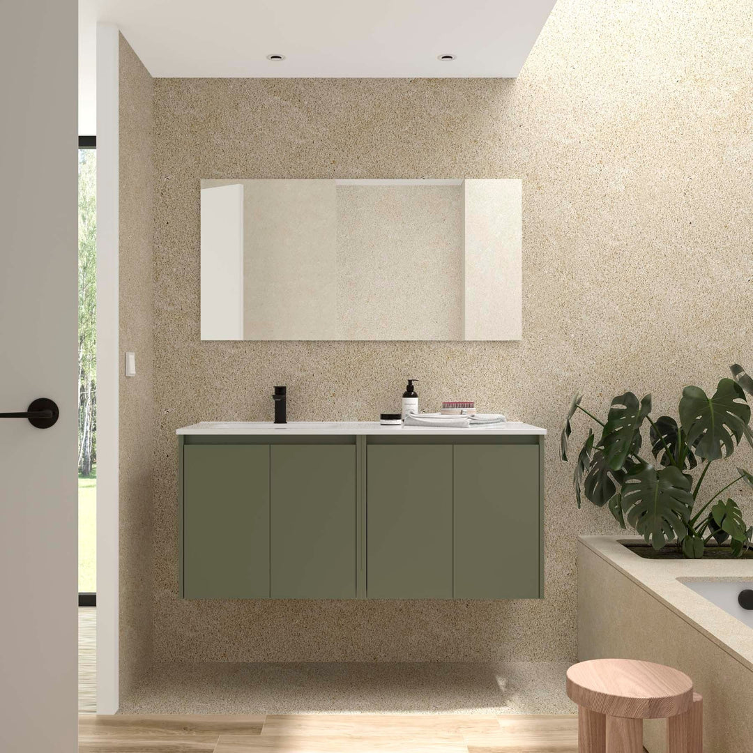 Salgar sg63eee279c6f06f883504 SALGAR IMAGES AND SHEETS/01 Product Images/Bathroom Furniture/118842 Noja Wall Hung Vanity Unit with 4 Doors, Offset Basin & Mirror - Green Satin/01.jpg