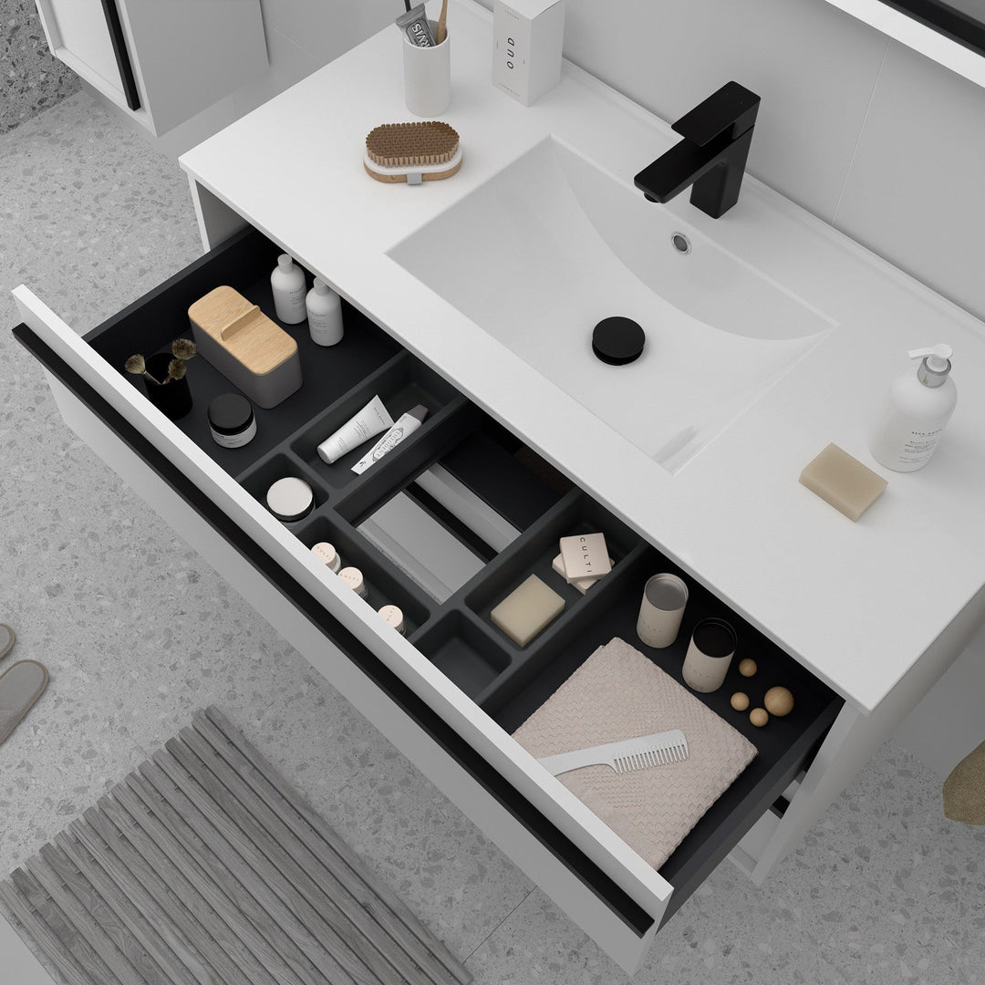 Salgar sg6526287b587bfa0367ef SALGAR IMAGES AND SHEETS/01 Product Images/Bathroom Furniture/112950 Attila Wall Hung Vanity Unit with 2 Drawers, Basin & Mirror - White Satin/02.jpg
