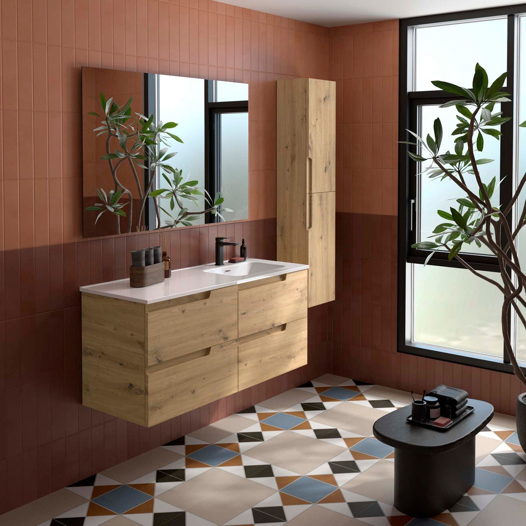Salgar sg7378008bcaf2d32c9404 SALGAR IMAGES AND SHEETS/01 Product Images/Bathroom Furniture/118678 Vima Wall Hung Vanity Unit with 4 Drawers, Offset Basin & Mirror - Montana Oak/01.jpg