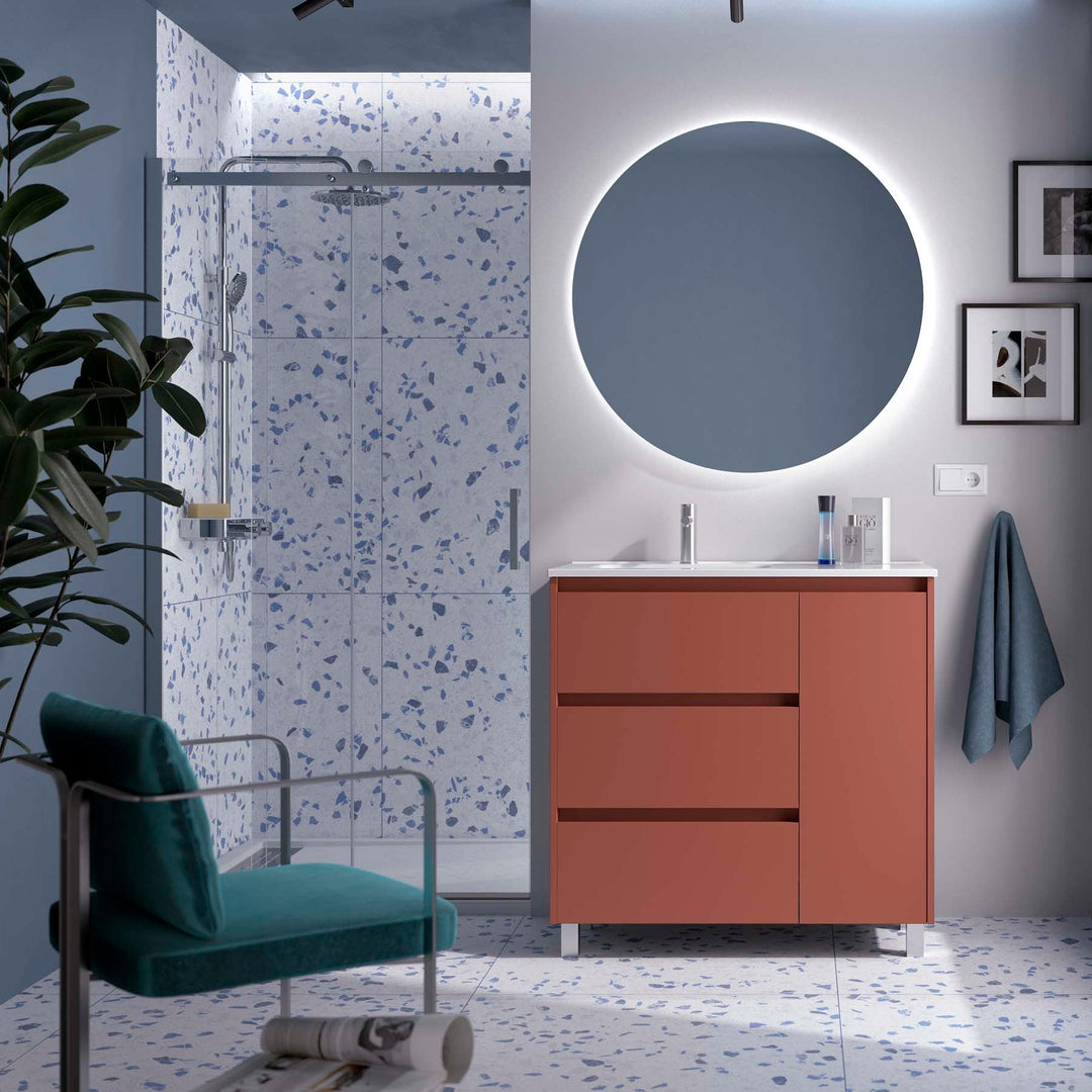 Salgar sg7eaa65448bc0edf7ec10 SALGAR IMAGES AND SHEETS/01 Product Images/Bathroom Furniture/118134 Noja Floor Standing Vanity Unit with 3 Drawers + 1 Door & Basin - Red Satin/01.jpg