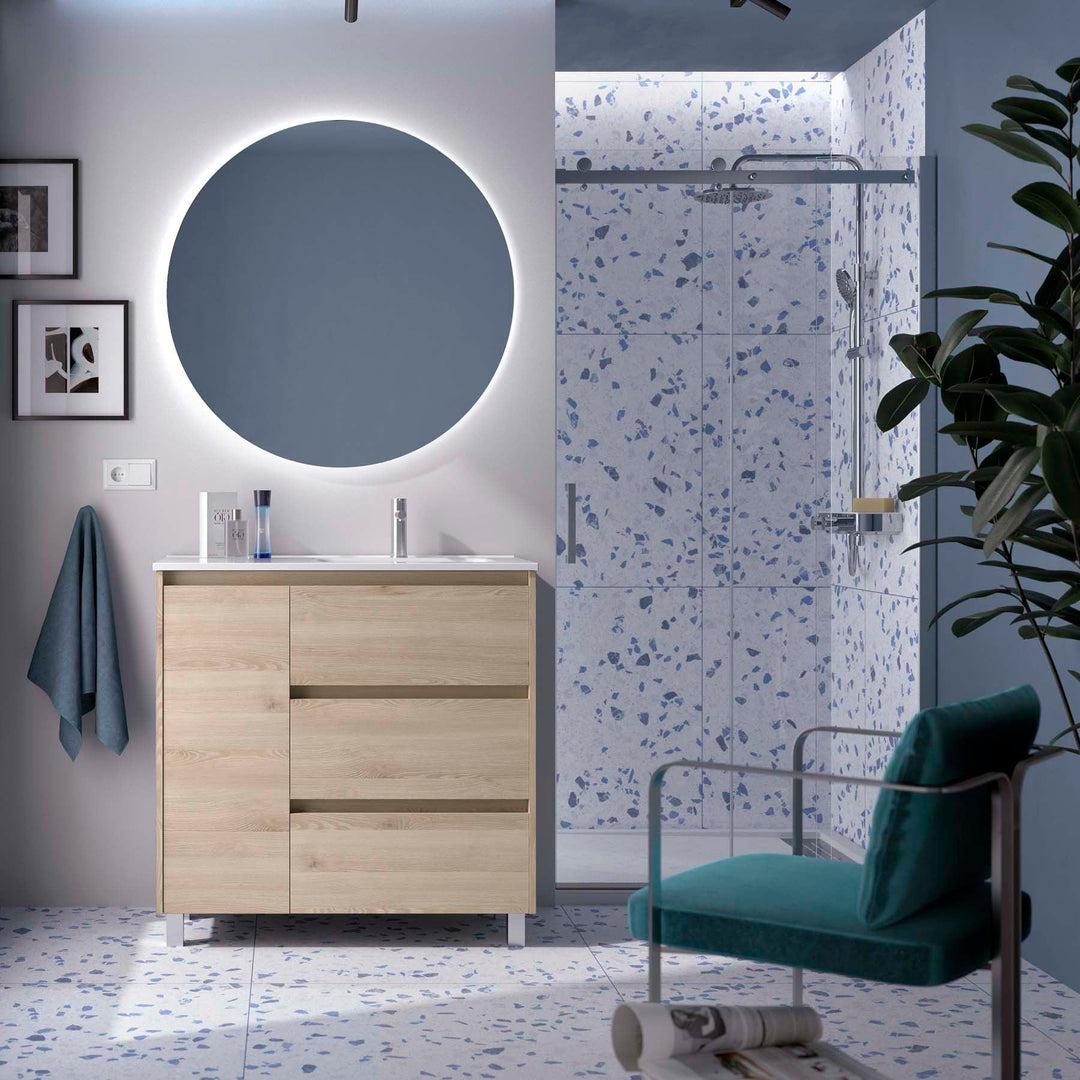 Salgar sg8922cb34c86b3e89686a SALGAR IMAGES AND SHEETS/01 Product Images/Bathroom Furniture/118145 Noja Floor Standing Vanity Unit with 3 Drawers + 1 Door & Basin - Natural/01.jpg