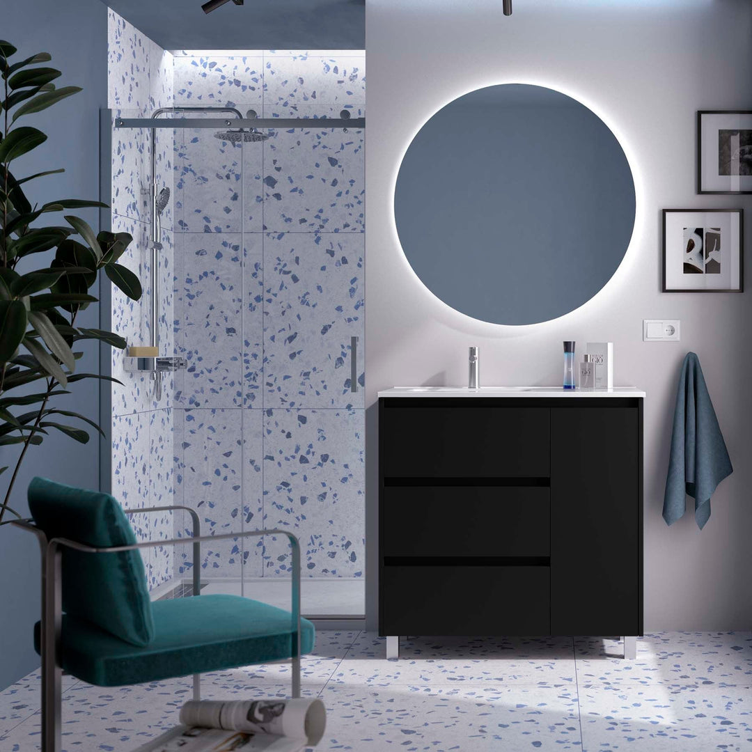 Salgar sg8ee0ee68c14eea68bb80 SALGAR IMAGES AND SHEETS/01 Product Images/Bathroom Furniture/118131 Noja Floor Standing Vanity Unit with 3 Drawers + 1 Door & Basin - Black Satin/01.jpg