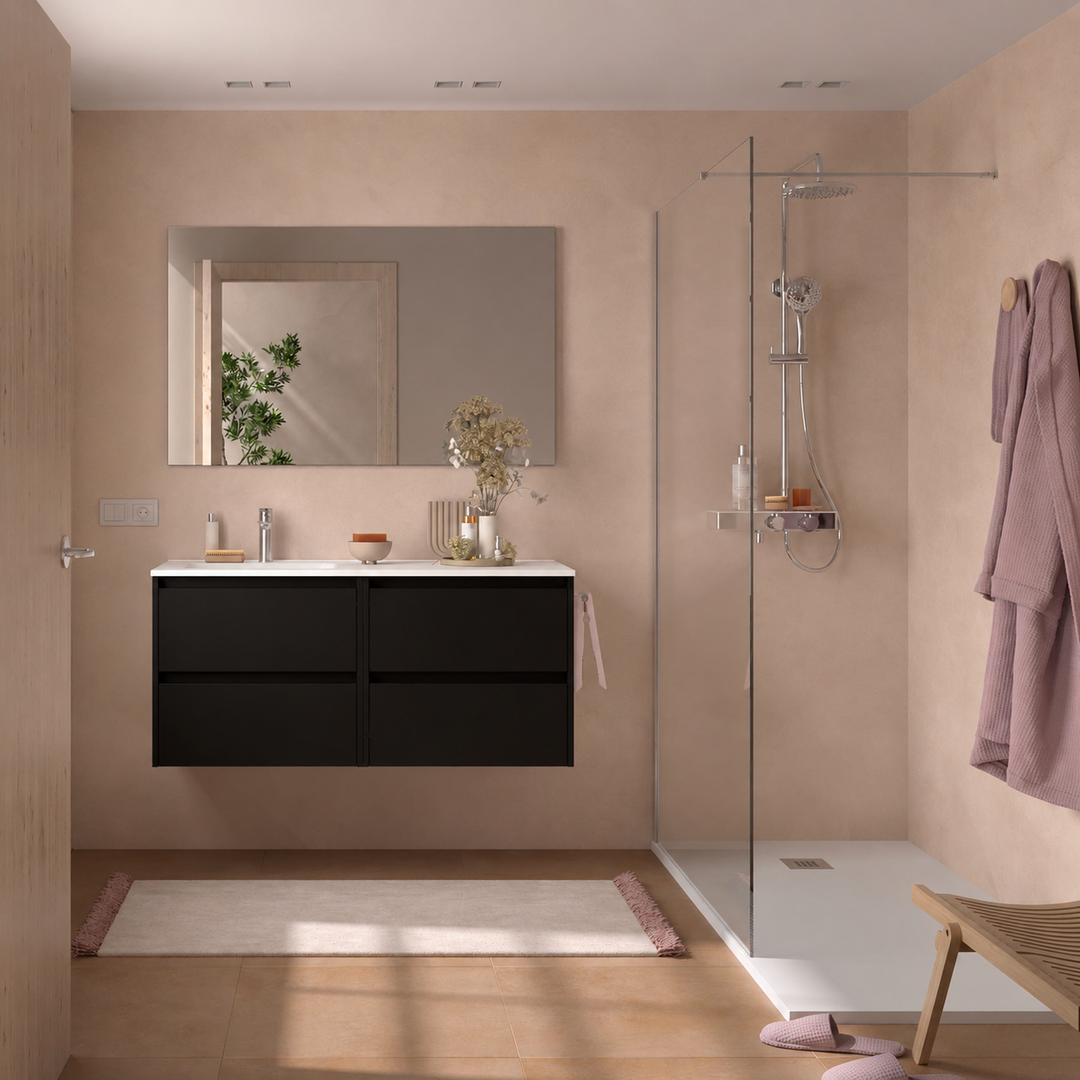 Salgar sg90575edd4fed044f5e46 SALGAR IMAGES AND SHEETS/01 Product Images/Bathroom Furniture/118879 Noja Wall Hung Vanity Unit with 4 Drawers, Offset Basin & Mirror - Black Satin/01.png