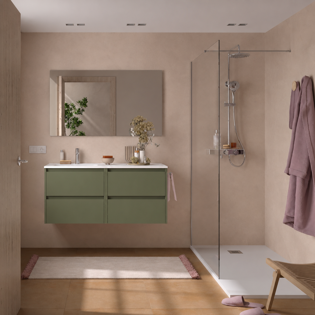 Salgar sg913aaa54711cf1aa9418 SALGAR IMAGES AND SHEETS/01 Product Images/Bathroom Furniture/118881 Noja Wall Hung Vanity Unit with 4 Drawers, Offset Basin & Mirror - Green Satin/01.png