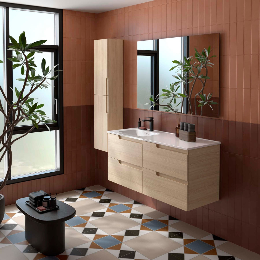 Salgar sg943bbab0e87722a789d4 SALGAR IMAGES AND SHEETS/01 Product Images/Bathroom Furniture/118665 Vima Wall Hung Vanity Unit with 4 Drawers & Offset Basin - Sienna Oak/01.jpg