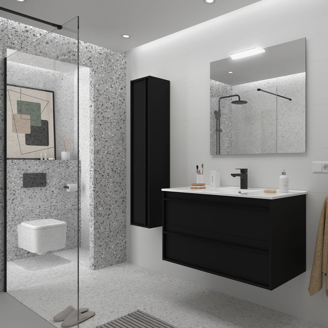 Salgar sg969b9ae3eb0538936bb3 SALGAR IMAGES AND SHEETS/01 Product Images/Bathroom Furniture/112951 Attila Wall Hung Vanity Unit with 2 Drawers, Basin & Mirror - Black Satin/01.jpg