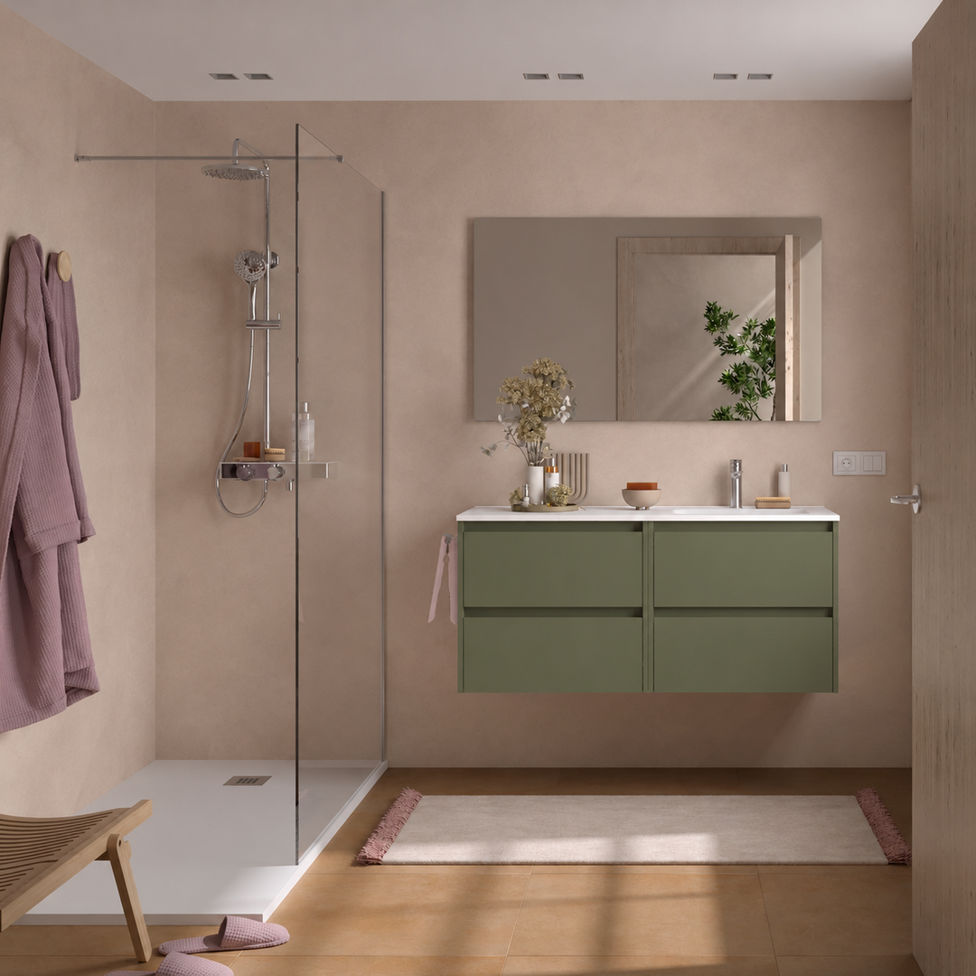 Salgar sg9a6aff438d77e4dbc042 SALGAR IMAGES AND SHEETS/01 Product Images/Bathroom Furniture/118812 Noja Wall Hung Vanity Unit with 4 Drawers & Offset Basin - Green Satin/01.png