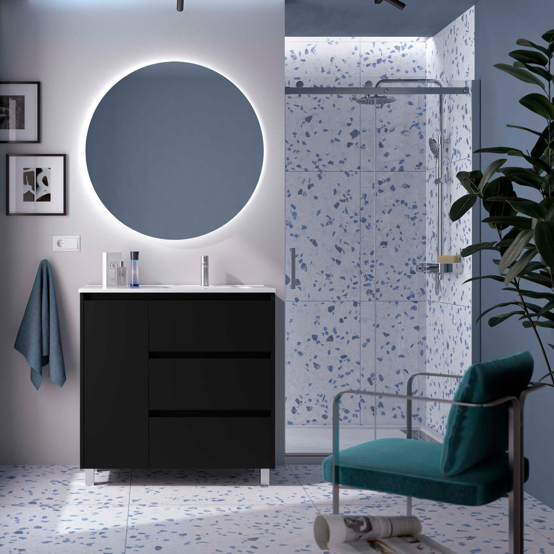 Salgar sga0238c27d63545ca869c SALGAR IMAGES AND SHEETS/01 Product Images/Bathroom Furniture/118303 Noja Floor Standing Vanity Unit with 3 Drawers + 1 Door, Basin & Mirror - Black Sat/01.jpg