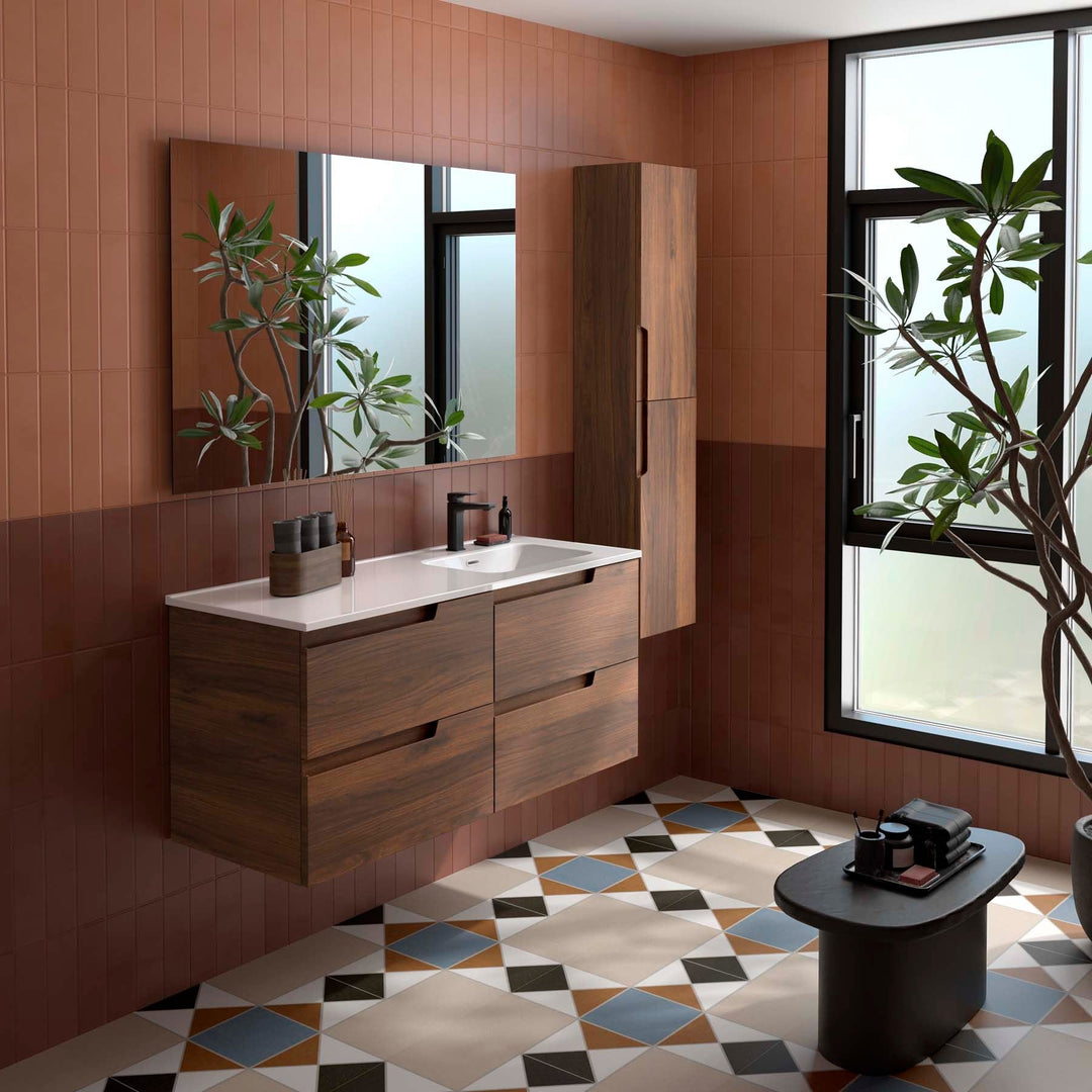 Salgar sga281fe25080a4b13f3fc SALGAR IMAGES AND SHEETS/01 Product Images/Bathroom Furniture/118676 Vima Wall Hung Vanity Unit with 4 Drawers, Offset Basin & Mirror - Walnut Maya/01.jpg