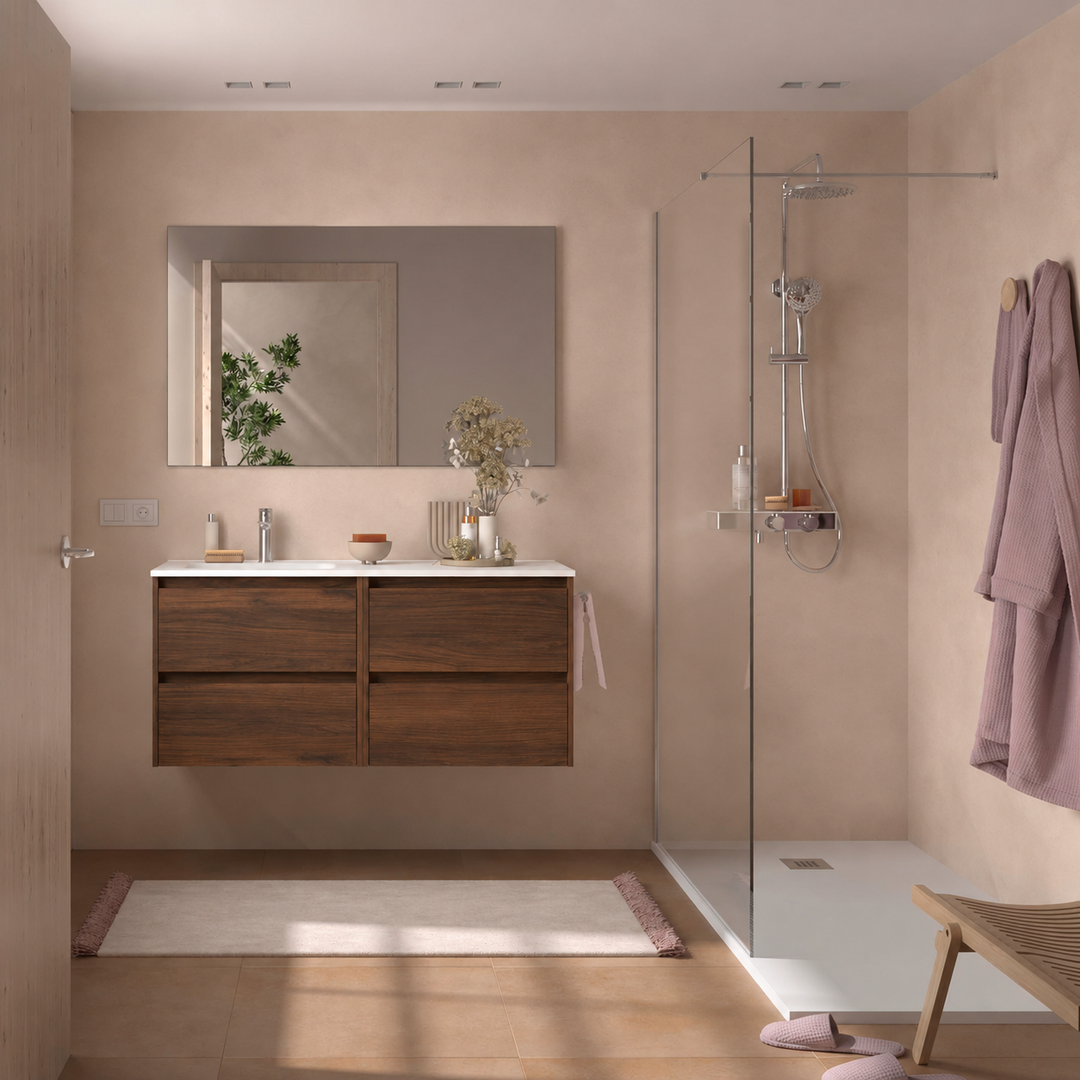 Salgar sgb06218e04e0c56902493 SALGAR IMAGES AND SHEETS/01 Product Images/Bathroom Furniture/118806 Noja Wall Hung Vanity Unit with 4 Drawers & Offset Basin - Walnut Maya/01.png