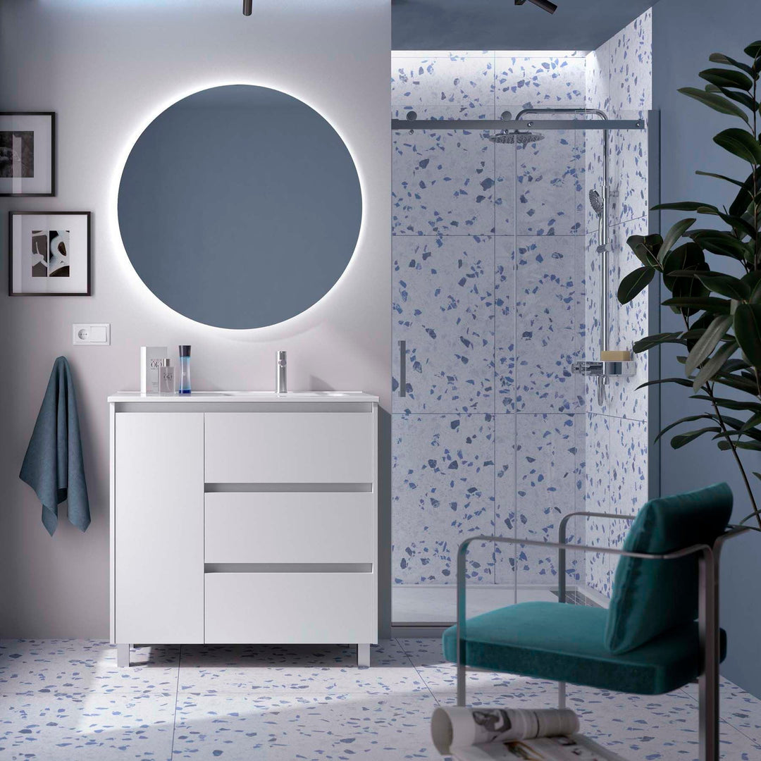 Salgar sgbc54133a41fbeabb2192 SALGAR IMAGES AND SHEETS/01 Product Images/Bathroom Furniture/118140 Noja Floor Standing Vanity Unit with 3 Drawers + 1 Door & Basin - White Satin/01.jpg