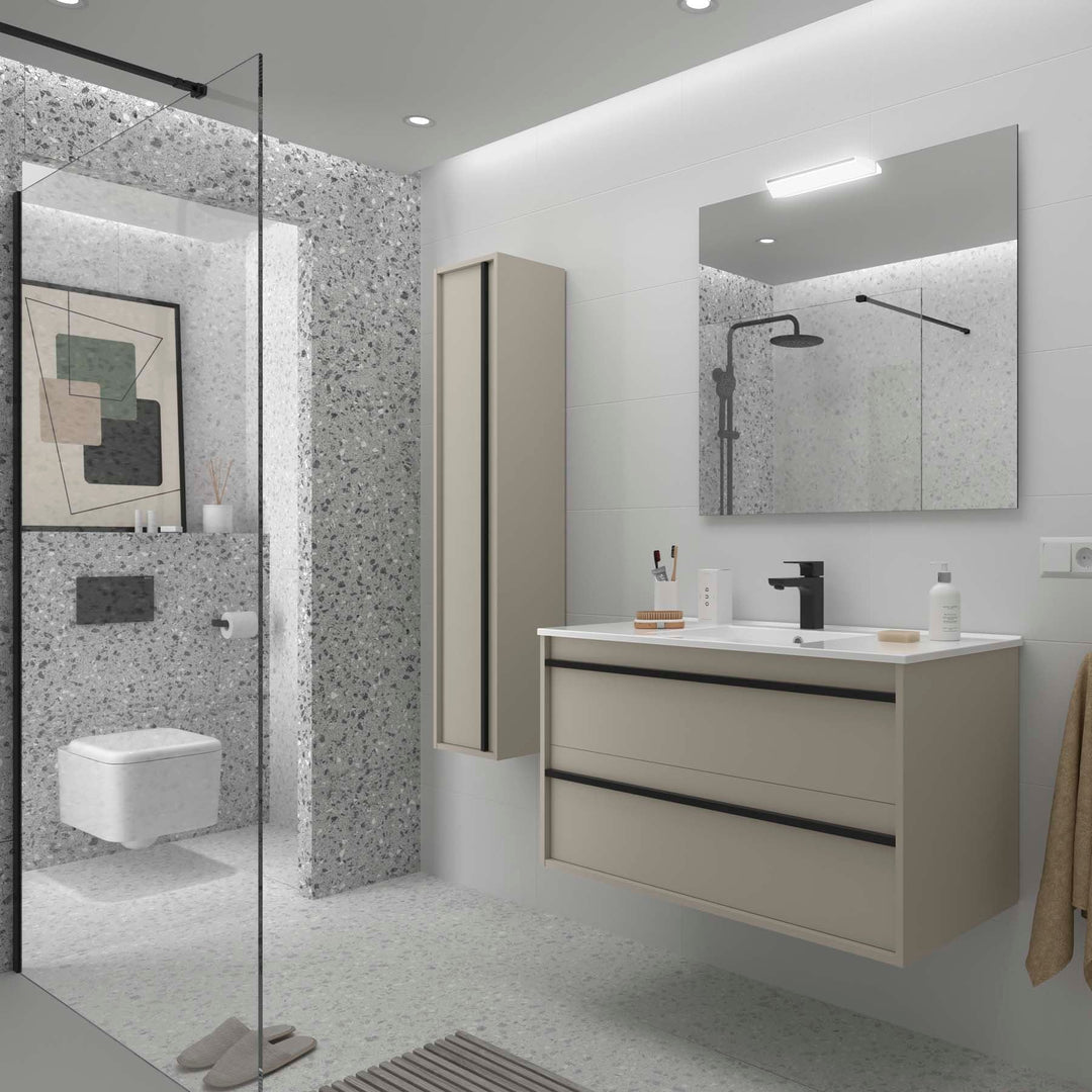 Salgar sgc58a5af46e57f9517fb1 SALGAR IMAGES AND SHEETS/01 Product Images/Bathroom Furniture/118012 Attila Wall Hung Vanity Unit with 2 Drawers, Basin & Mirror - Grey Satin/01.jpg