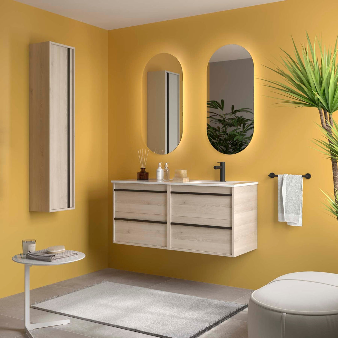 Salgar sgc62374cd6884b8f8dbcc SALGAR IMAGES AND SHEETS/01 Product Images/Bathroom Furniture/118722 Attila Wall Hung Vanity Unit with 4 Drawers, Offset Basin & Mirror - Natural/01.jpg