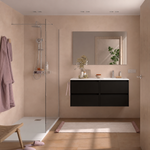 Load image into Gallery viewer, Salgar sgcb8ba264f3c2f3642bd2 SALGAR IMAGES AND SHEETS/01 Product Images/Bathroom Furniture/118889 Noja Wall Hung Vanity Unit with 4 Drawers, Offset Basin &amp; Mirror - Black Satin/01.png
