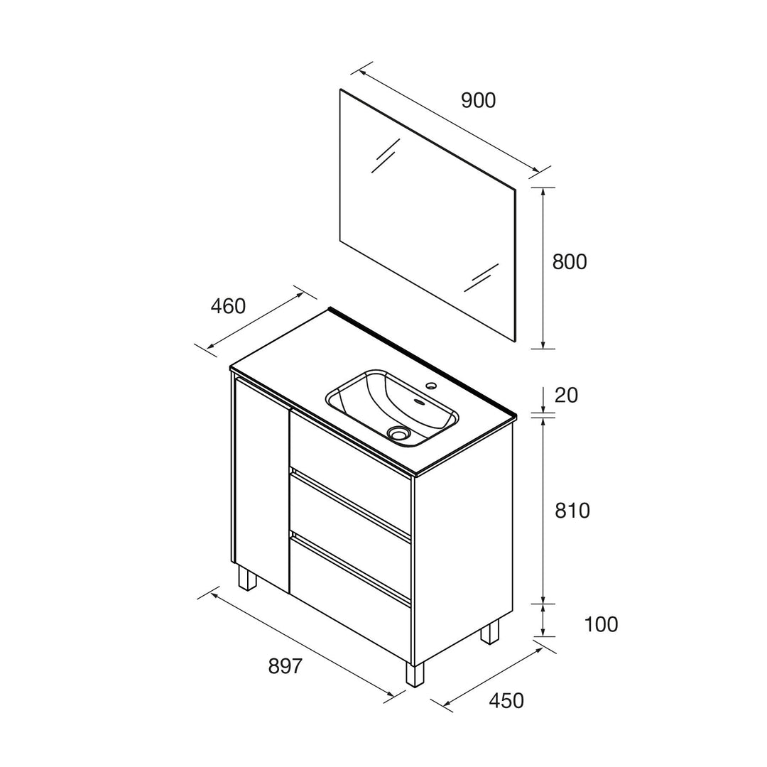 Salgar sgcbfb631f62a111ebccbb SALGAR IMAGES AND SHEETS/01 Product Images/Bathroom Furniture/118310 Noja Floor Standing Vanity Unit with 3 Drawers + 1 Door, Basin & Mirror - Grey Sati/02.jpg