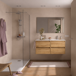 Load image into Gallery viewer, Salgar sgd0208788478ef7402ba5 SALGAR IMAGES AND SHEETS/01 Product Images/Bathroom Furniture/118894 Noja Wall Hung Vanity Unit with 4 Drawers, Offset Basin &amp; Mirror - Africa Oak/01.png

