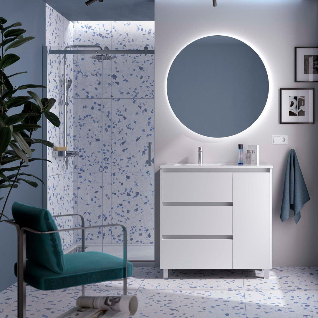 Salgar sgd2e5d6e3c0082e266abe SALGAR IMAGES AND SHEETS/01 Product Images/Bathroom Furniture/118130 Noja Floor Standing Vanity Unit with 3 Drawers + 1 Door & Basin - White Satin/01.jpg