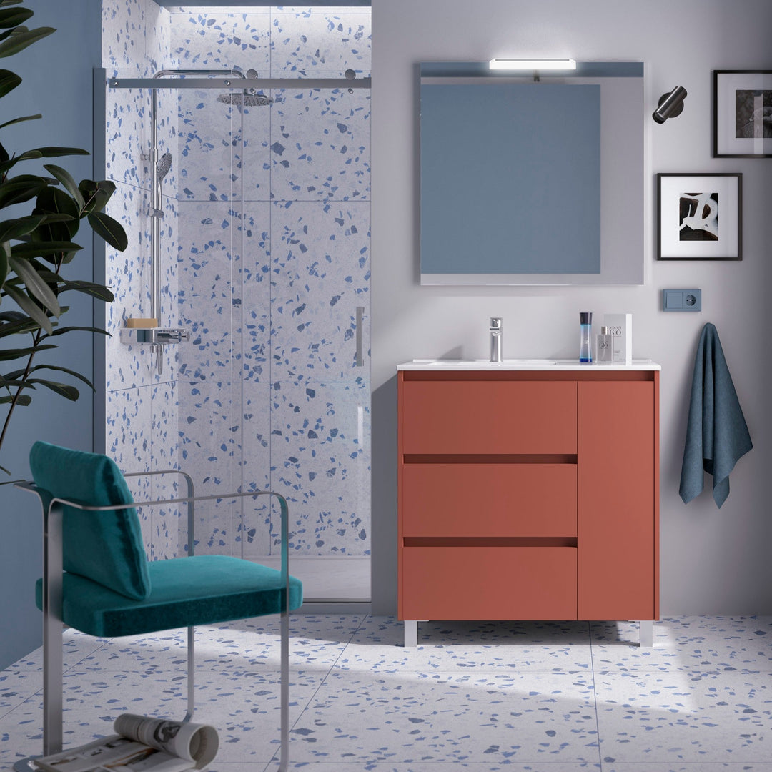 Salgar sgd47fa980b89635a1e918 SALGAR IMAGES AND SHEETS/01 Product Images/Bathroom Furniture/118296 Noja Floor Standing Vanity Unit with 3 Drawers + 1 Door, Basin & Mirror - Red Satin/01.jpg