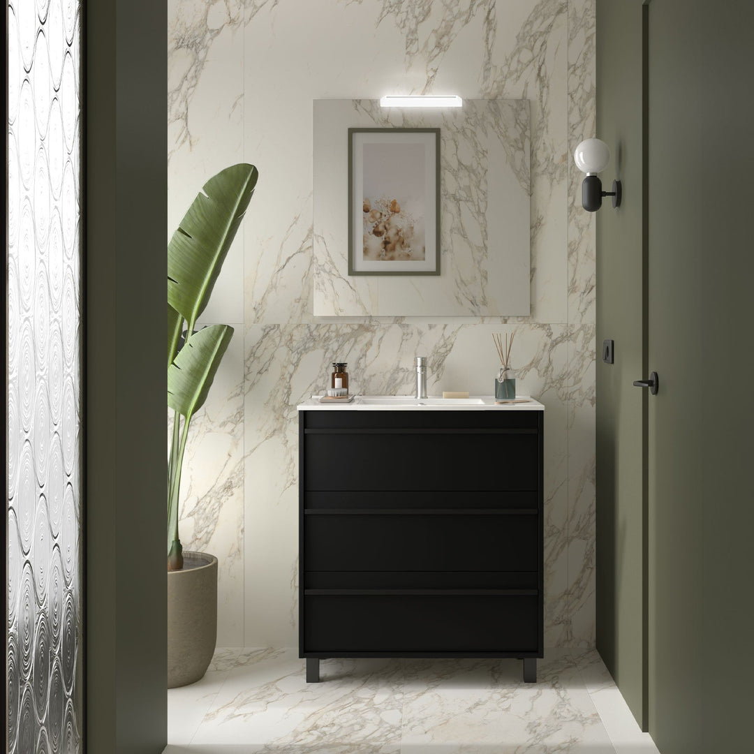 Salgar sgd4f650e46a251d980b4f SALGAR IMAGES AND SHEETS/01 Product Images/Bathroom Furniture/113027 Attila Wall Hung Vanity Unit with 3 Drawers, Basin & Mirror - Black Satin/01.jpg