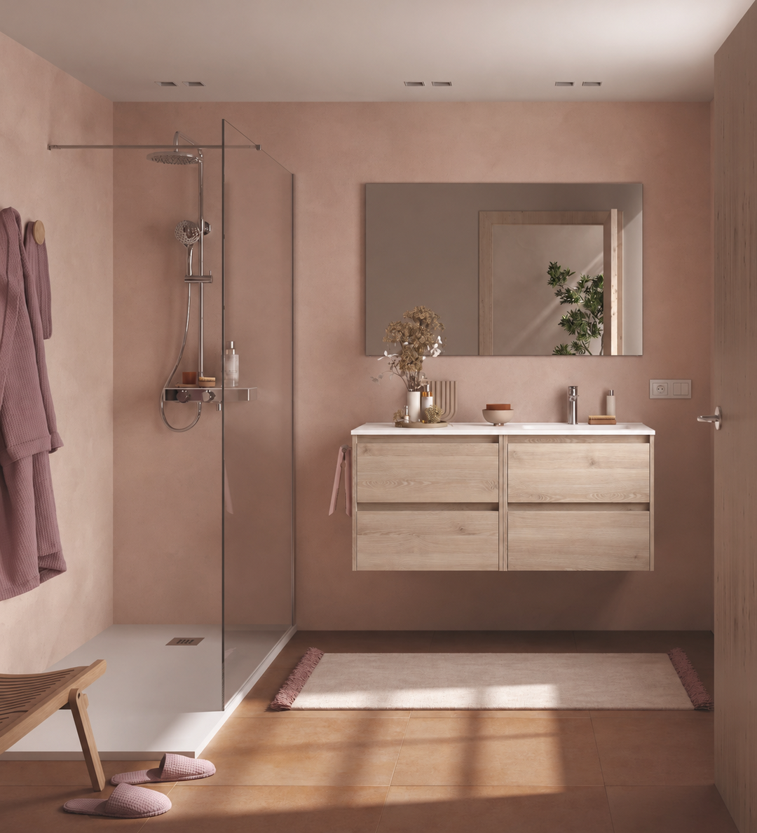 Salgar sgda1e48aede85e939644a SALGAR IMAGES AND SHEETS/01 Product Images/Bathroom Furniture/118893 Noja Wall Hung Vanity Unit with 4 Drawers, Offset Basin & Mirror - Natural/01.png