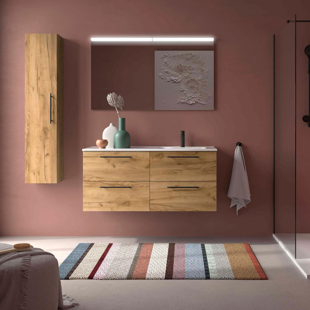 Salgar sge010dec459880ccb9d05 SALGAR IMAGES AND SHEETS/01 Product Images/Bathroom Furniture/118744 Silane Wall Hung Vanity Unit with 4 Drawers, Offset Basin & Mirror - Africa Oak/01.jpg