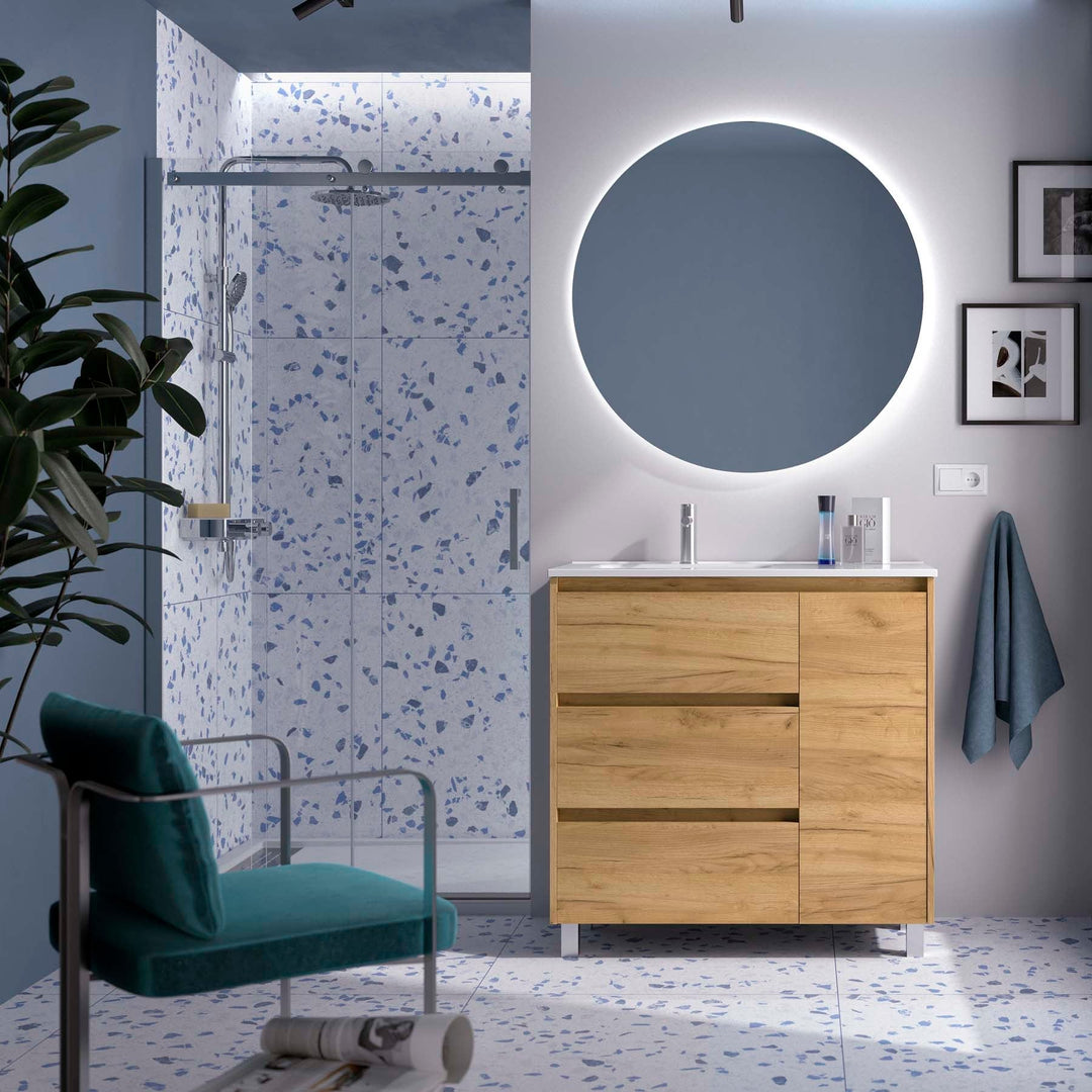 Salgar sge15947afee0e39fb9d7a SALGAR IMAGES AND SHEETS/01 Product Images/Bathroom Furniture/118136 Noja Floor Standing Vanity Unit with 3 Drawers + 1 Door & Basin - Africa Oak/01.jpg