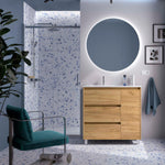 Load image into Gallery viewer, Salgar sge15947afee0e39fb9d7a SALGAR IMAGES AND SHEETS/01 Product Images/Bathroom Furniture/118136 Noja Floor Standing Vanity Unit with 3 Drawers + 1 Door &amp; Basin - Africa Oak/01.jpg
