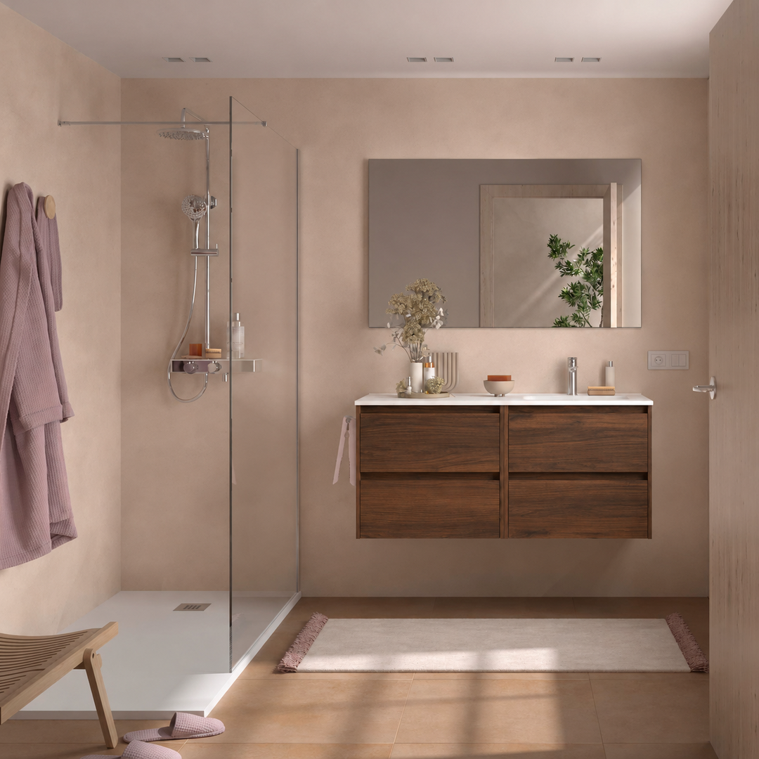 Salgar sge26211063bdf98826794 SALGAR IMAGES AND SHEETS/01 Product Images/Bathroom Furniture/118816 Noja Wall Hung Vanity Unit with 4 Drawers & Offset Basin - Walnut Maya/01.png