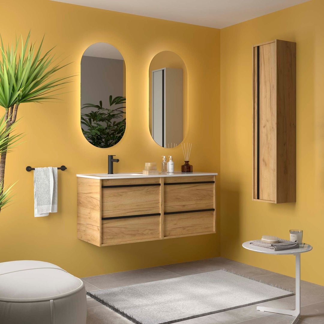 Salgar sge5d4afa691342e07bc3b SALGAR IMAGES AND SHEETS/01 Product Images/Bathroom Furniture/118685 Attila Wall Hung Vanity Unit with 4 Drawers & Offset Basin - Africa Oak/01.jpg
