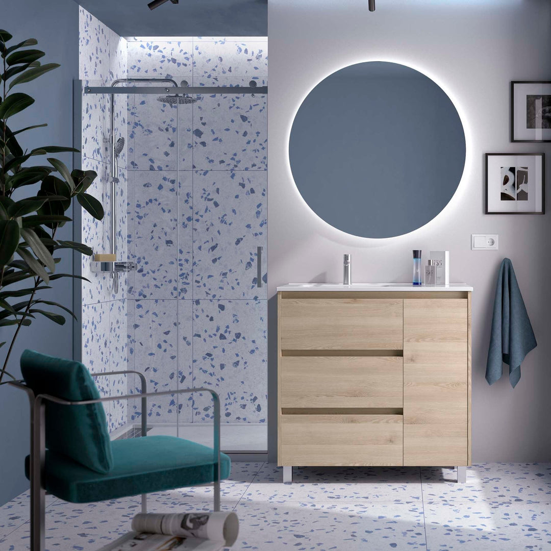 Salgar sgec4d7b34af347e01d499 SALGAR IMAGES AND SHEETS/01 Product Images/Bathroom Furniture/118135 Noja Floor Standing Vanity Unit with 3 Drawers + 1 Door & Basin - Natural/01.jpg