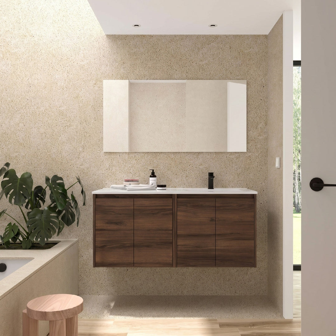 Salgar sgf5555da8f733ea72b83c SALGAR IMAGES AND SHEETS/01 Product Images/Bathroom Furniture/118875 Noja Wall Hung Vanity Unit with 4 Doors, Offset Basin & Mirror - Walnut Maya/01.jpeg