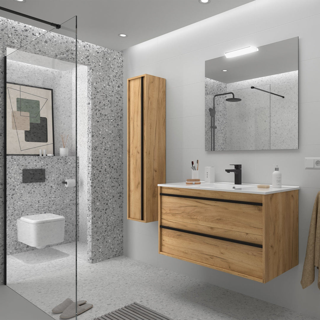 Salgar sgf61e2aac69bbf17a9658 SALGAR IMAGES AND SHEETS/01 Product Images/Bathroom Furniture/112956 Attila Wall Hung Vanity Unit with 2 Drawers, Basin & Mirror - Africa Oak/01.jpg