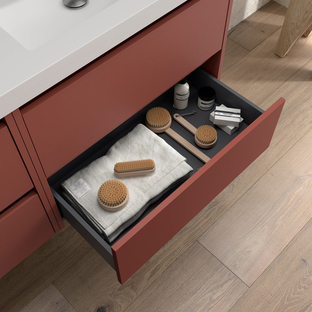 Salgar sgf8ae00e72e993c96ac5e SALGAR IMAGES AND SHEETS/01 Product Images/Bathroom Furniture/106183 Noja Wall Hung Vanity Unit with 4 Drawers & Basin - Red Satin/02.jpg